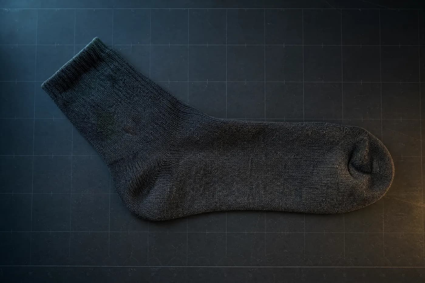 Plain charcoal knitted sock laid flat on a dark measuring bench under even overhead light