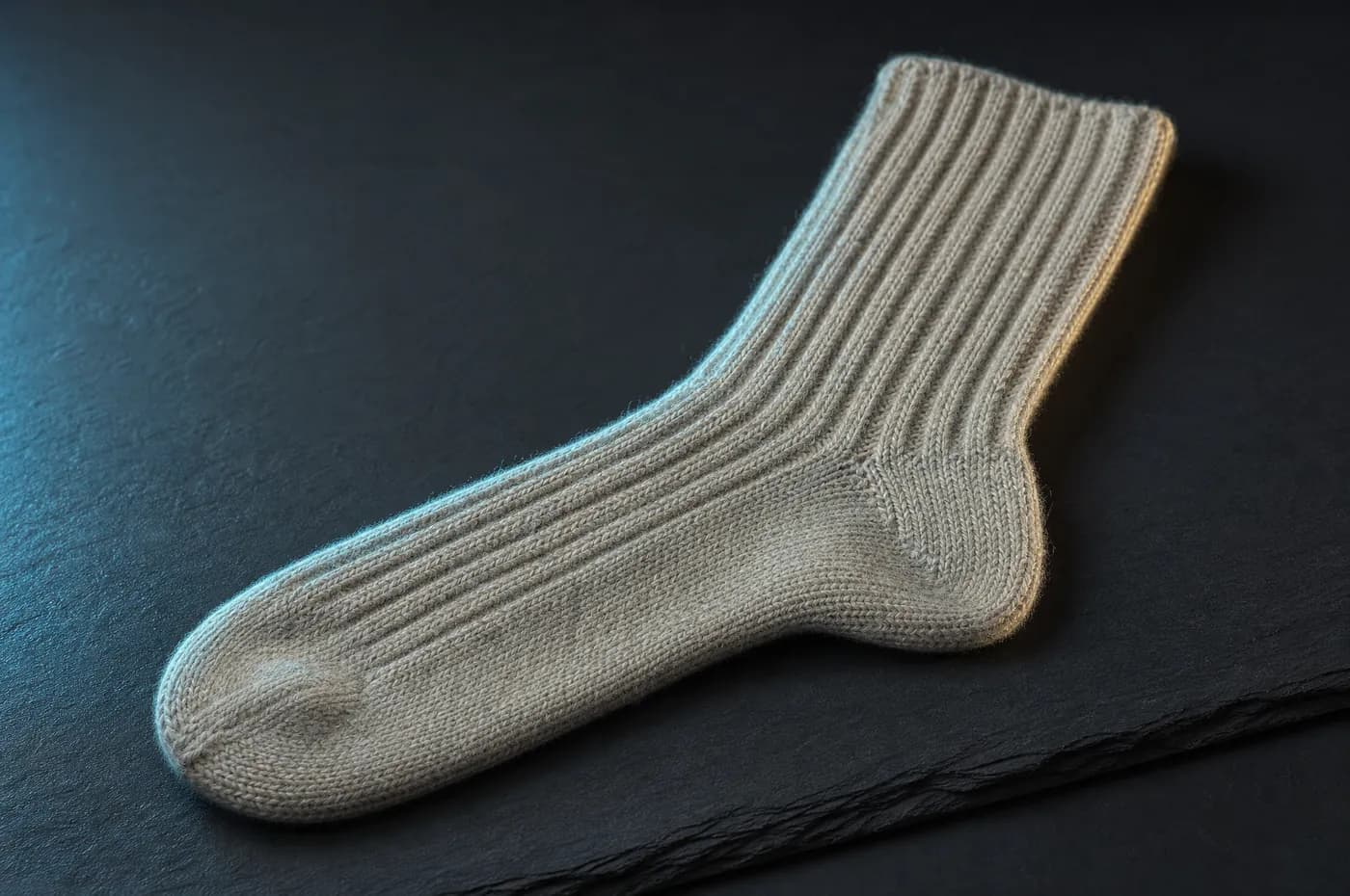 Plain oatmeal ribbed knitted sock laid flat on dark slate under side light