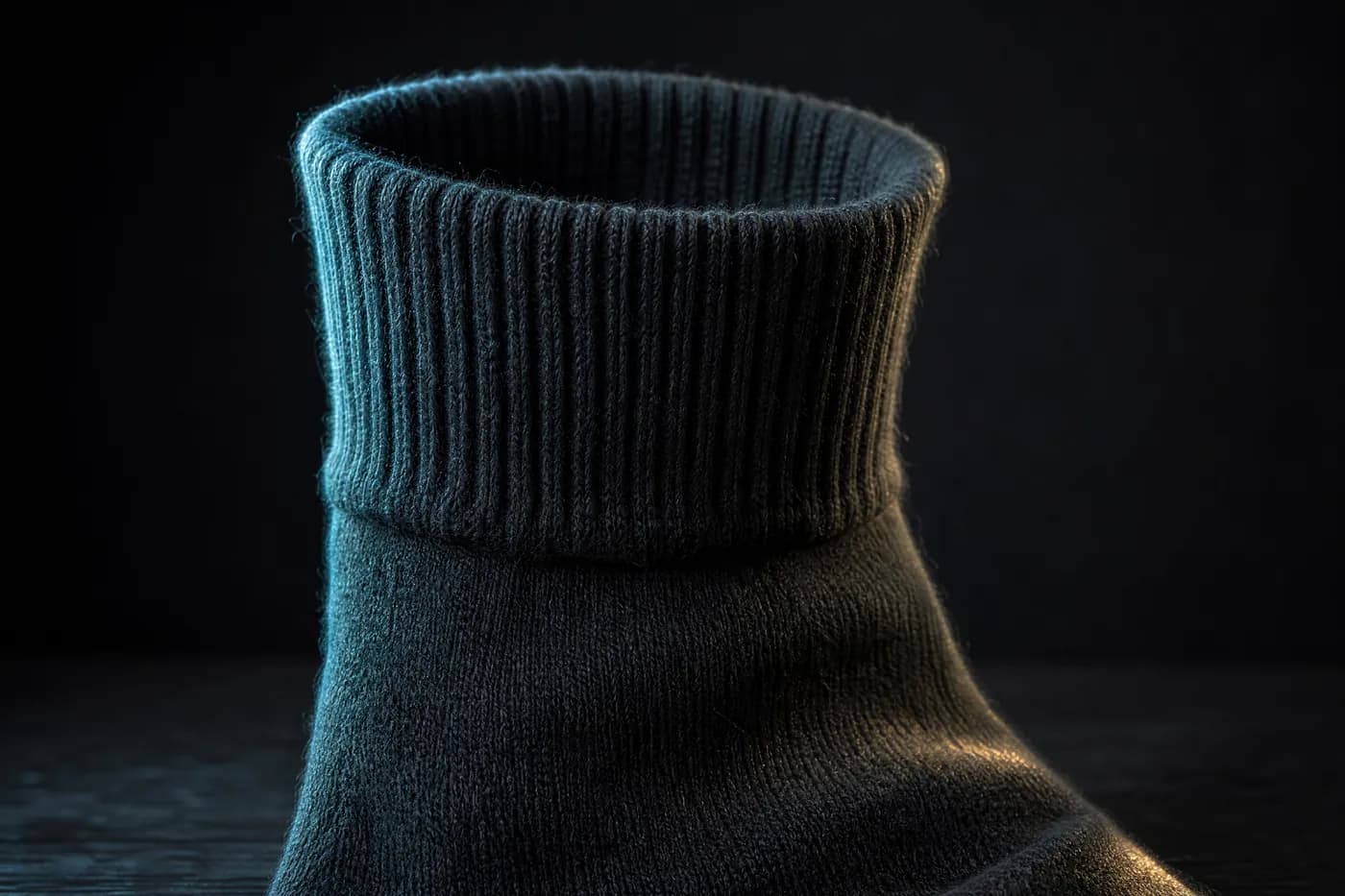 Close macro of a ribbed sock cuff and upper leg section, structure clearly intact