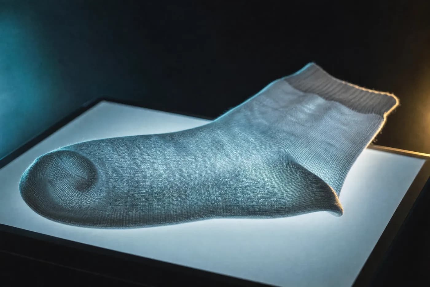 A plain knitted sock spread over an illuminated flat light table, the fabric reading as a gradient of light through the weave