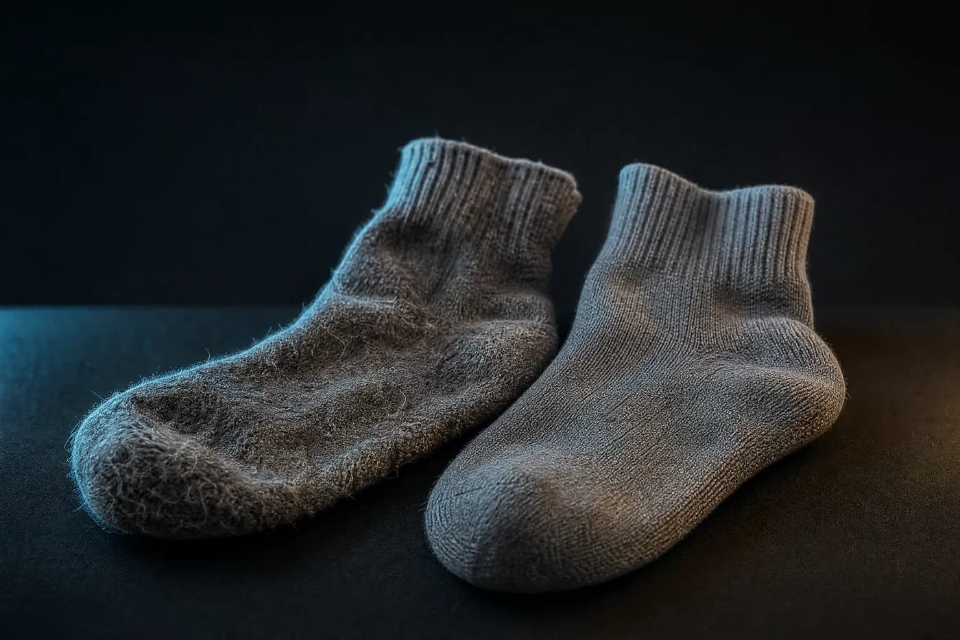 Two plain knitted socks side by side on a dark bench, one visibly older and fuzzier than the other