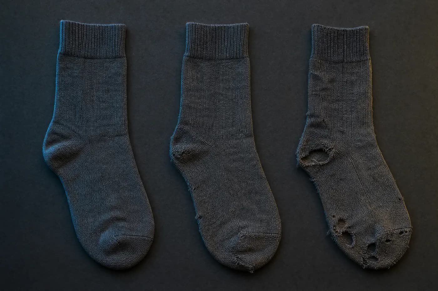 Three plain knitted socks laid flat side by side on a dark bench, each visibly further through its life than the last, the third finally torn