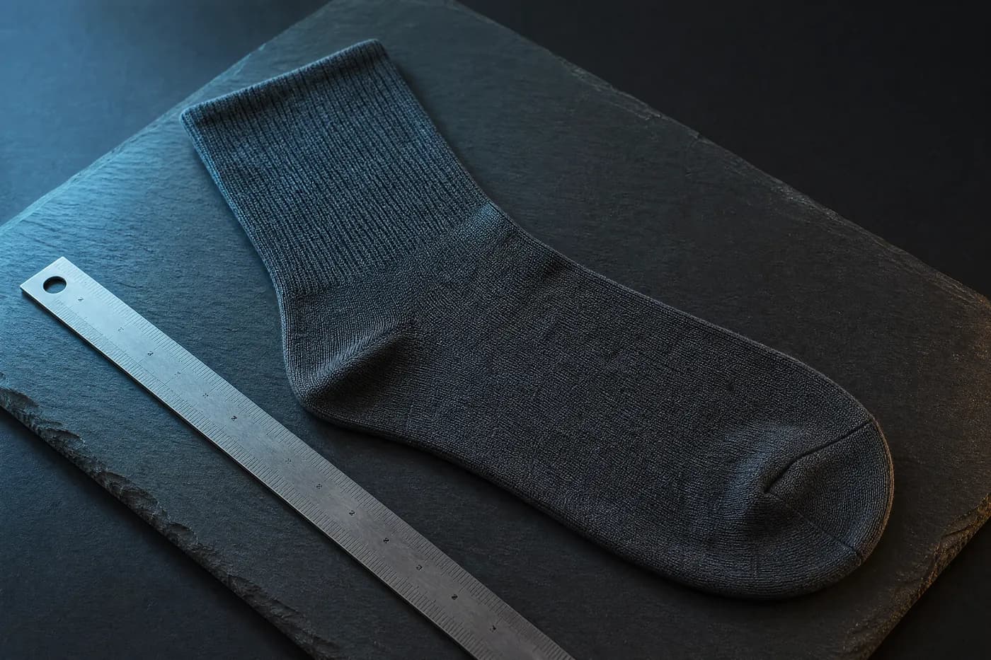 A plain knitted sock pressed flat on dark slate with a machined metal rule lying alongside it