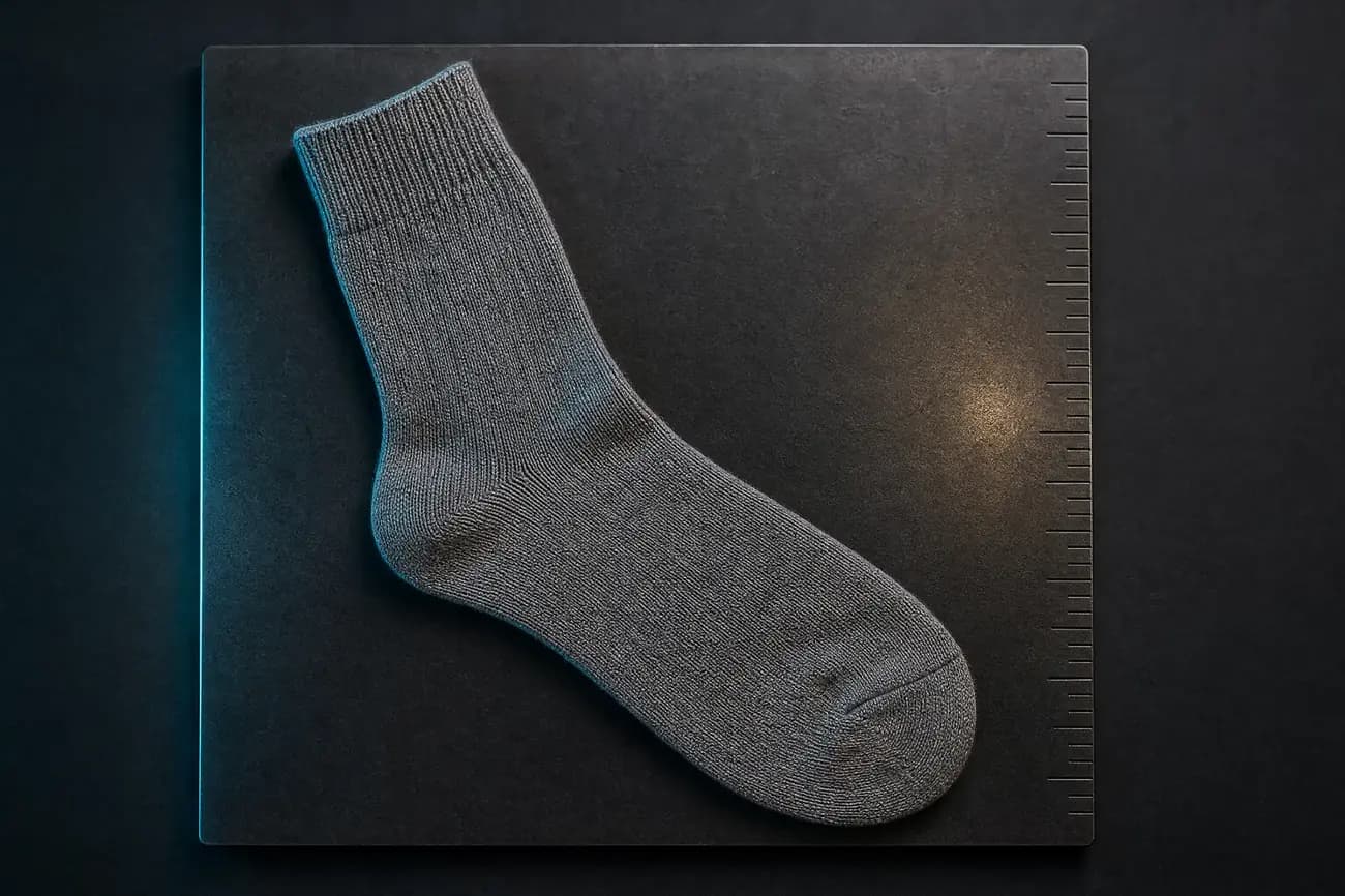 Top-down flat lay of one plain grey knitted sock on a dark matte calibration plate with machined tick grooves along one edge
