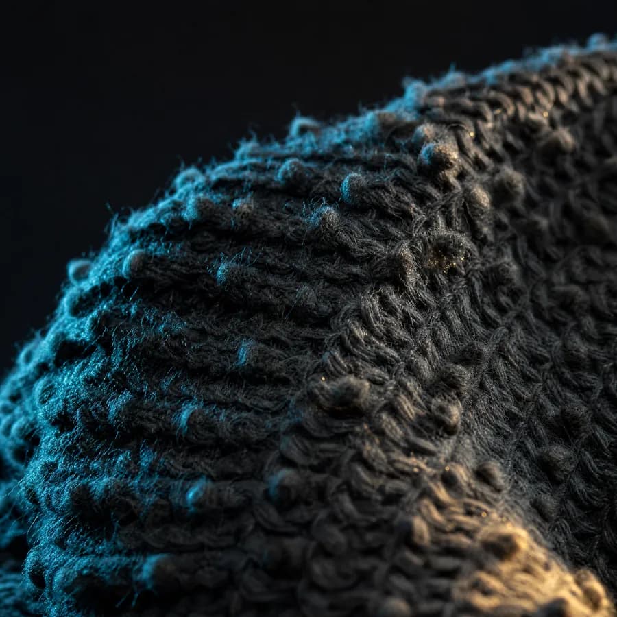 Extreme macro of pilled knitted wool, dense fibre bobbles with the loop structure clearly intact beneath