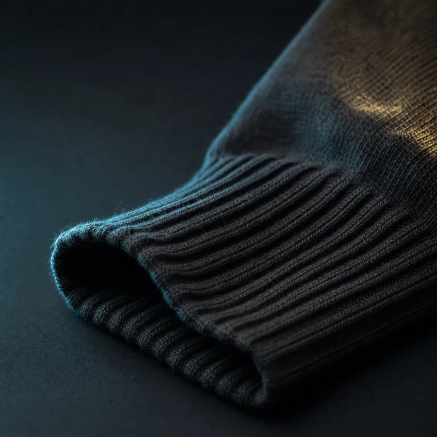 Macro of a ribbed sock cuff resting unstretched on a dark surface, the rib channels visible and the opening relaxed