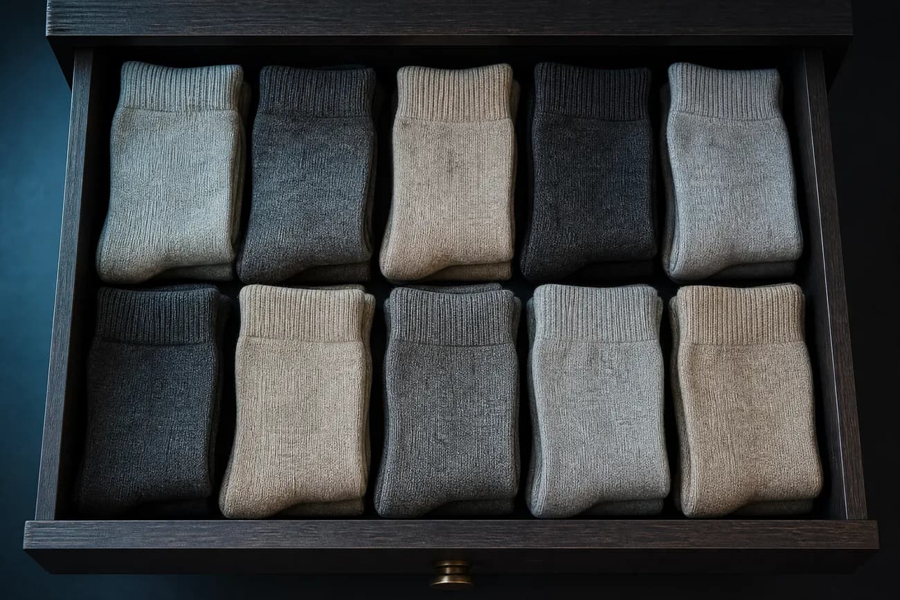 Top-down view of an open dark drawer neatly filled with rows of folded plain socks in muted greys and oatmeal