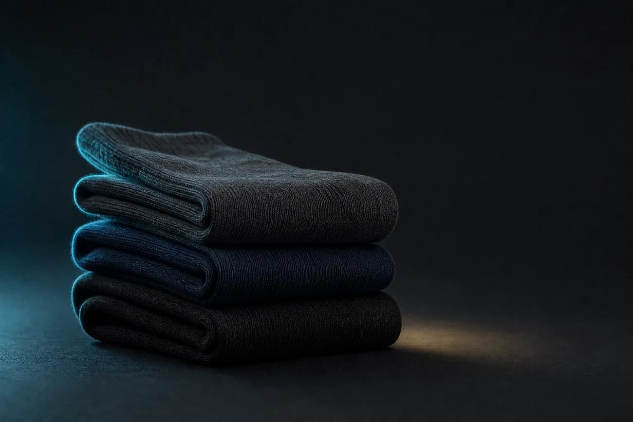 A small neat stack of three folded plain knitted socks on a dark matte surface