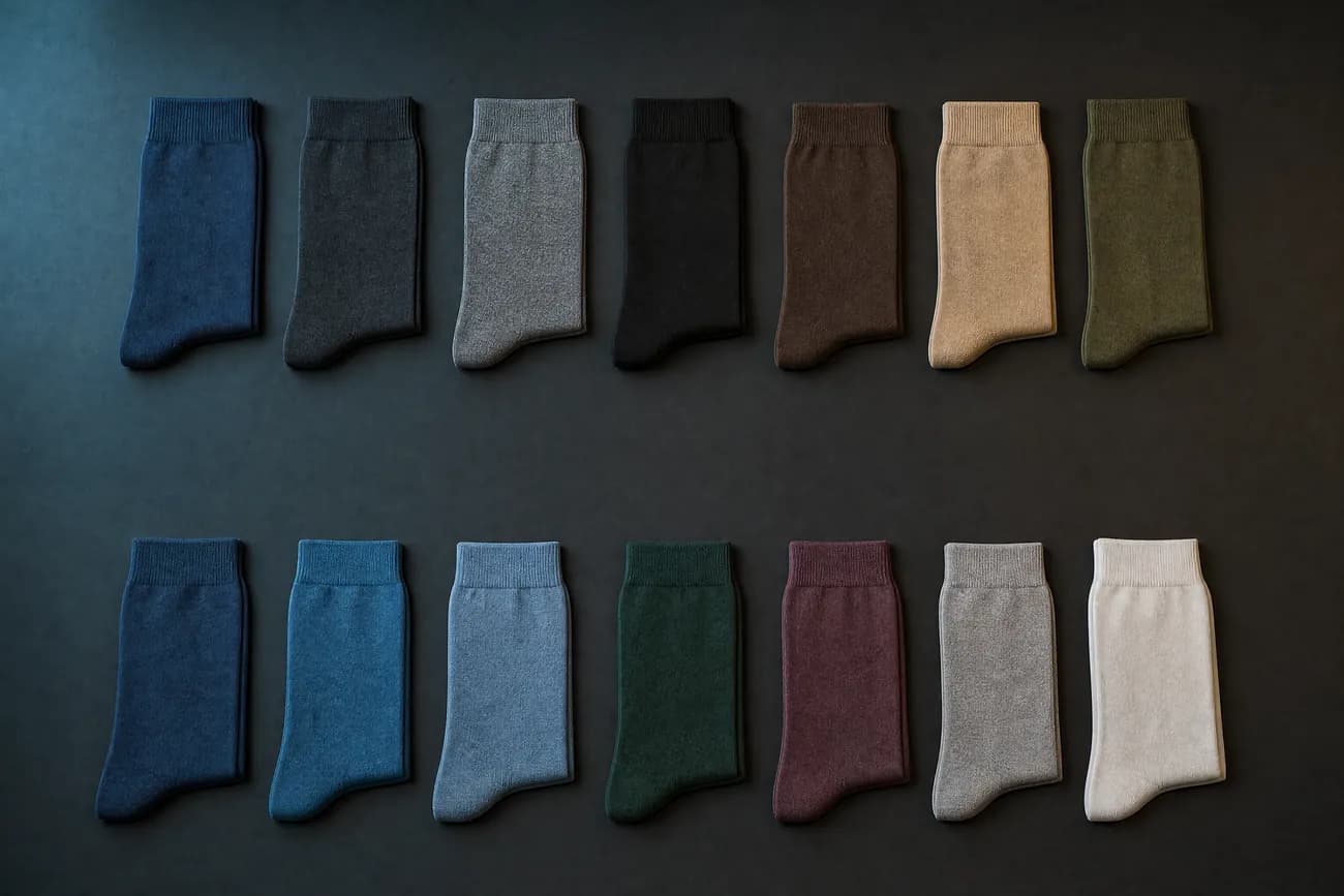 Two neat rows of flat folded plain socks arranged on a dark bench with a wide gap between the rows