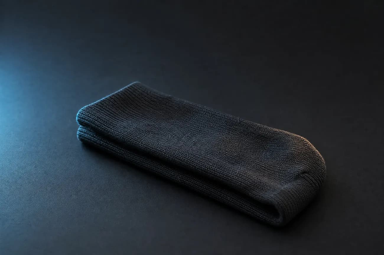 One single plain knitted sock folded once and set alone on a wide dark surface