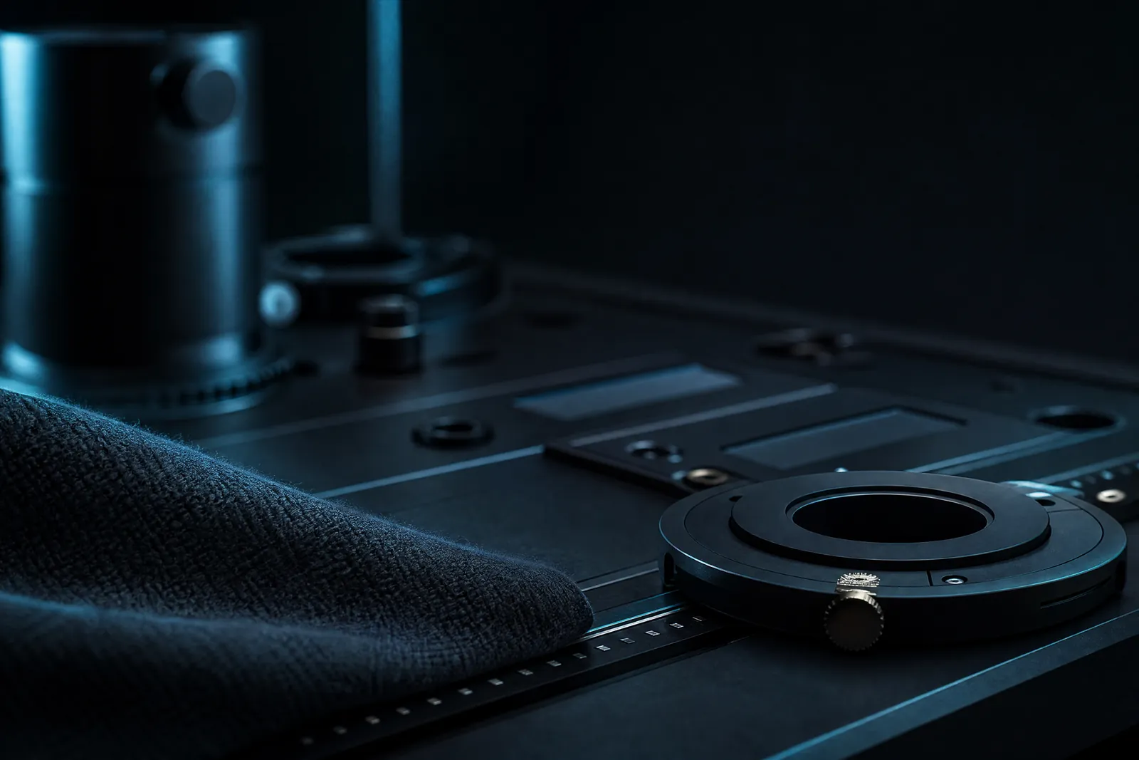 A dark laboratory instrument bench with blank unlit indicator strips and machined graduation grooves