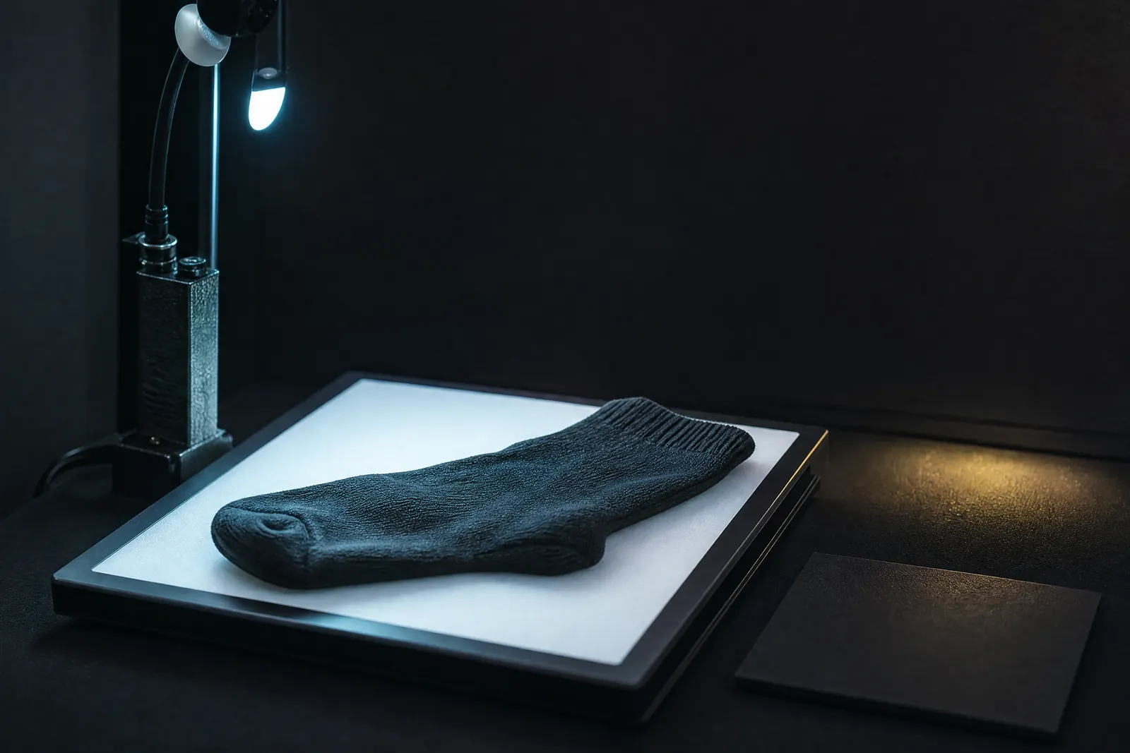A dark tabletop photography station with a small flat light panel switched on and a plain knitted sock placed on it